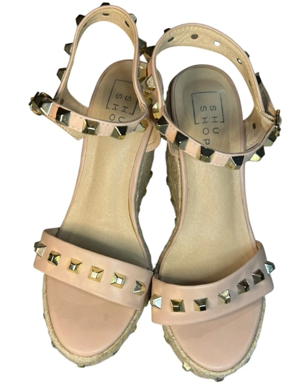 7.5 Gold Studded Wedge Sandals Nude Pink Espadrille Shu Shop Chic Miami Vacation